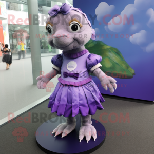 Lavender Turtle mascot costume character dressed with a Pencil Skirt and Hair clips