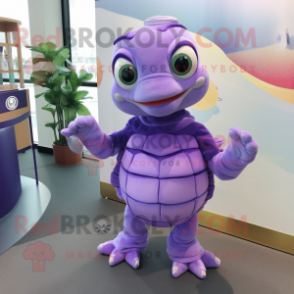 Lavender Turtle mascot costume character dressed with a Pencil Skirt and Hair clips