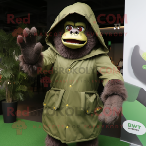 Olive Gorilla mascot costume character dressed with a Raincoat and Mittens