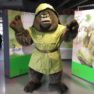 Olive Gorilla mascot costume character dressed with a Raincoat and Mittens