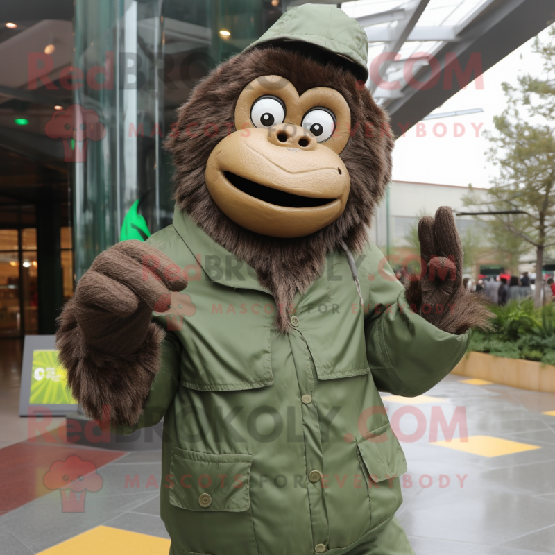 Olive Gorilla mascot costume character dressed with a Raincoat and Mittens