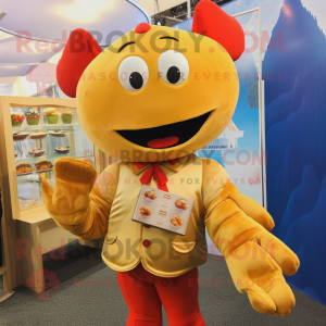 Gold Lobster Bisque mascot costume character dressed with a Dress Shirt and Coin purses