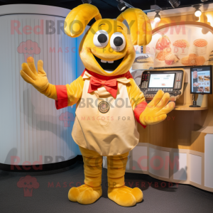 Gold Lobster Bisque mascot costume character dressed with a Dress Shirt and Coin purses