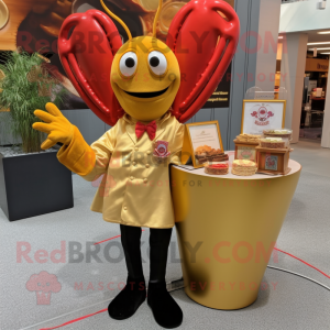 Gold Lobster Bisque mascot costume character dressed with a Dress Shirt and Coin purses