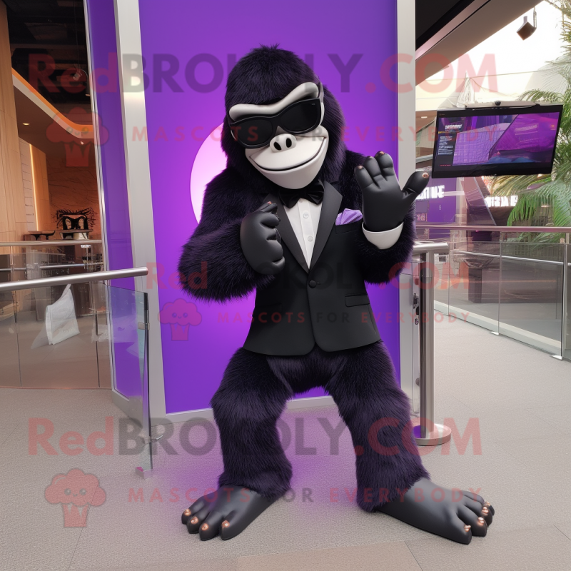 Purple Gorilla mascot costume character dressed with a Tuxedo and Sunglasses