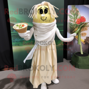 Beige Pad Thai mascot costume character dressed with a Wedding Dress and Shoe clips