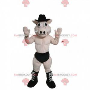 Mascotte de cochon en sous-vêtements avec un chapeau noir -