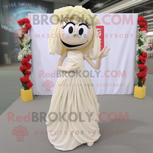 Beige Pad Thai mascot costume character dressed with a Wedding Dress and Shoe clips