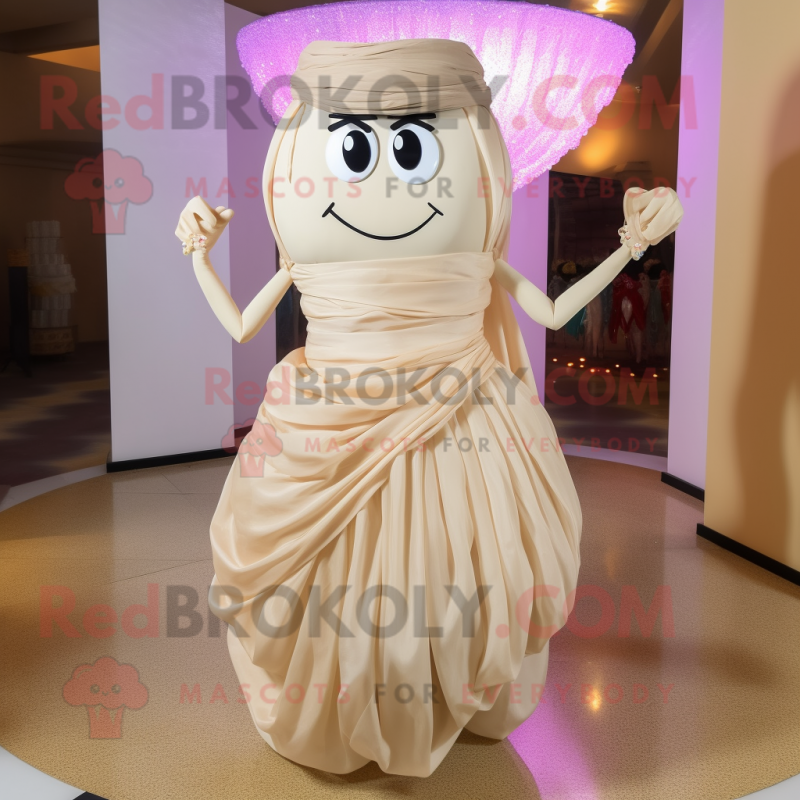 Beige Pad Thai mascot costume character dressed with a Wedding Dress and Shoe clips