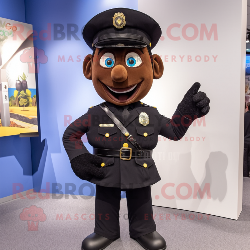 Black Police Officer mascot costume character dressed with a Coat and Tie pins