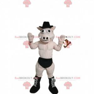 Pig mascot in underwear with a black hat - Redbrokoly.com