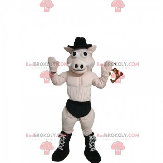 Mascote porco em cueca com um chapéu preto - Redbrokoly.com