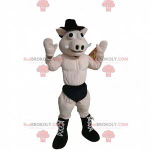 Pig mascot in underwear with a black hat - Redbrokoly.com
