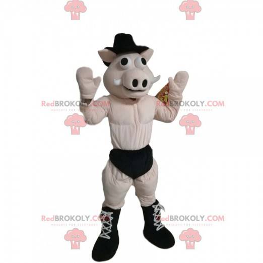 Mascotte de cochon en sous-vêtements avec un chapeau noir -