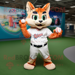 Peach Bobcat mascot costume character dressed with a Baseball Tee and Rings