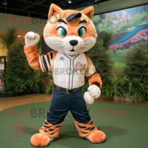 Peach Bobcat mascot costume character dressed with a Baseball Tee and Rings