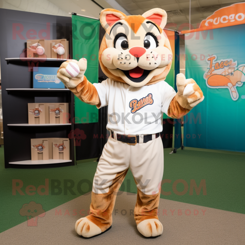 Peach Bobcat mascot costume character dressed with a Baseball Tee and Rings