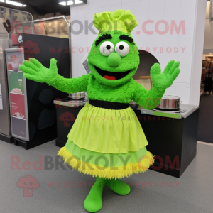 Lime Green Paella mascot costume character dressed with a A-Line Skirt and Mittens