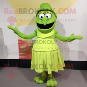 Lime Green Paella mascot costume character dressed with a A-Line Skirt and Mittens