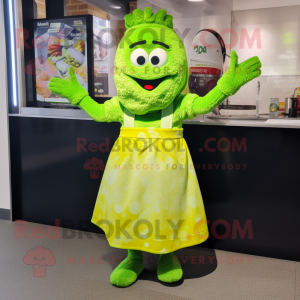 Lime Green Paella mascot costume character dressed with a A-Line Skirt and Mittens