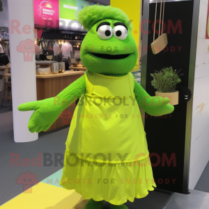 Lime Green Paella mascot costume character dressed with a A-Line Skirt and Mittens
