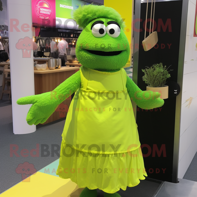 Lime Green Paella mascot costume character dressed with a A-Line Skirt and Mittens Lime Green Paella mascot costume character dressed with a A-Line Skirt and Mittens