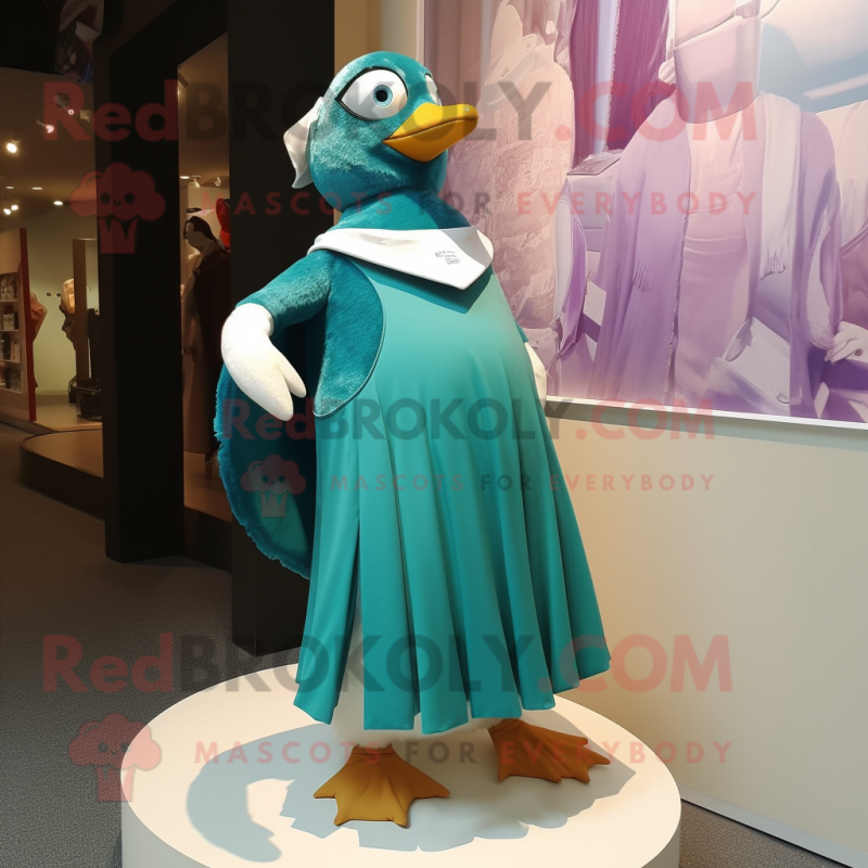 Teal Penguin mascot costume character dressed with a Empire Waist Dress and Foot pads