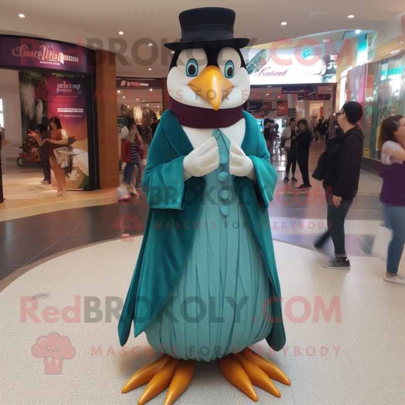 Teal Penguin mascot costume character dressed with a Empire Waist Dress and Foot pads