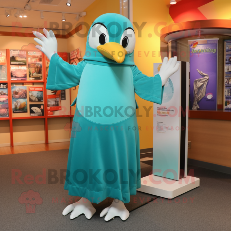 Teal Penguin mascot costume character dressed with a Empire Waist Dress and Foot pads