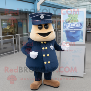 Navy Potato mascot costume character dressed with a Sheath Dress and Hats