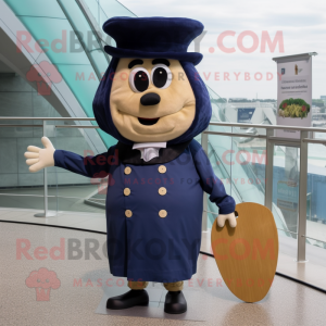 Navy Potato mascot costume character dressed with a Sheath Dress and Hats