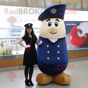 Navy Potato mascot costume character dressed with a Sheath Dress and Hats