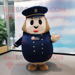 Navy Potato mascot costume character dressed with a Sheath Dress and Hats