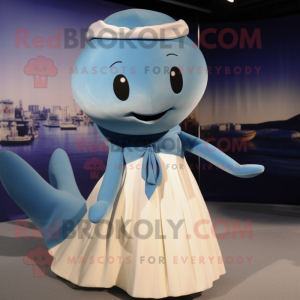 Tan Blue Whale mascot costume character dressed with a A-Line Dress and Cummerbunds