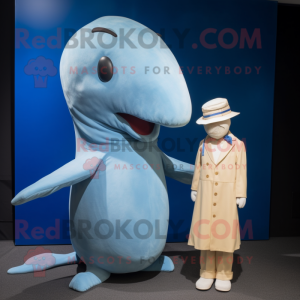 Tan Blue Whale mascot costume character dressed with a A-Line Dress and Cummerbunds