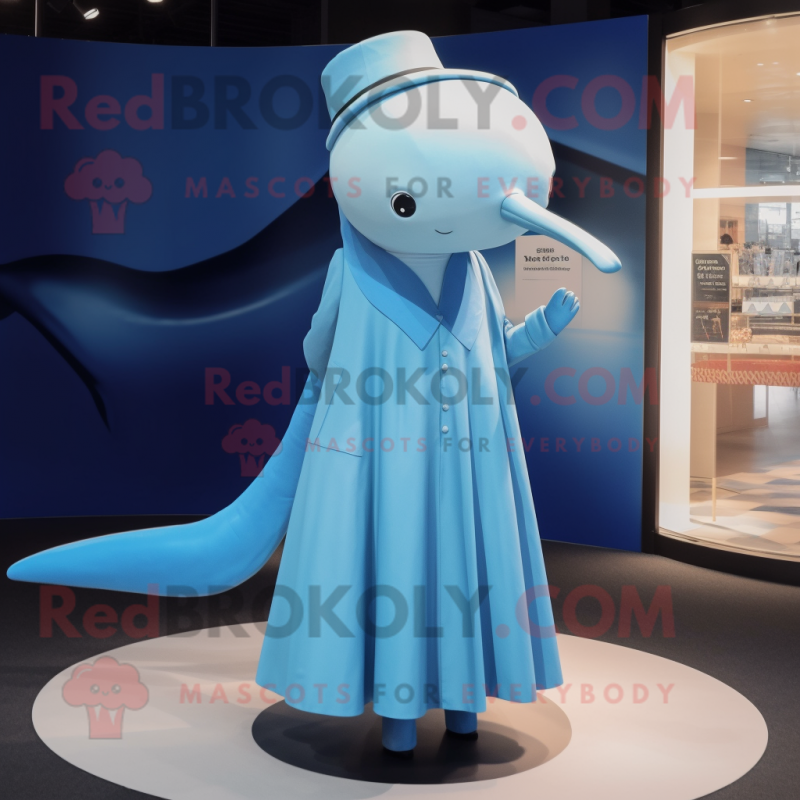 Tan Blue Whale mascot costume character dressed with a A-Line Dress and Cummerbunds