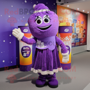 Purple Pop Corn mascot costume character dressed with a A-Line Dress and Backpacks