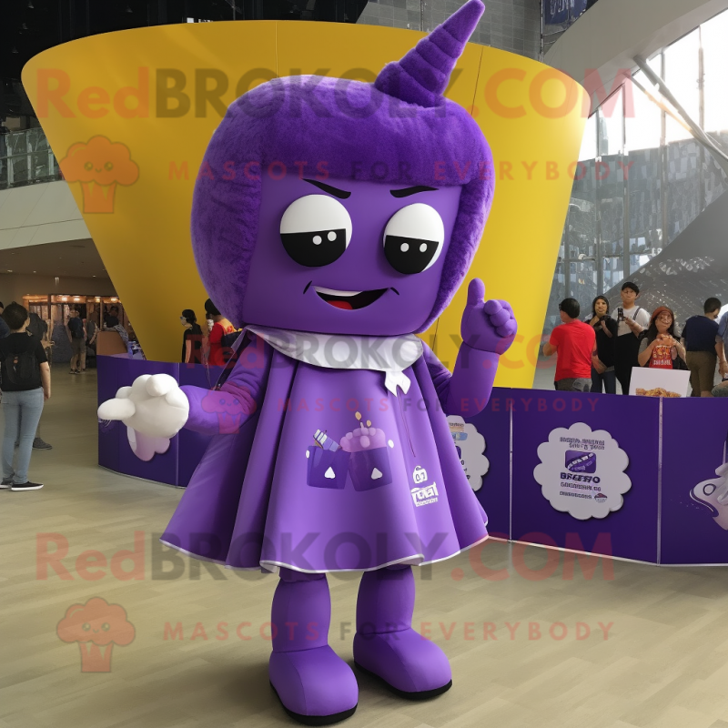 Purple Pop Corn mascot costume character dressed with a A-Line Dress and Backpacks Purple Pop Corn mascot costume character dressed with a A-Line Dress and Backpacks
