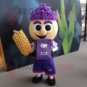 Purple Pop Corn mascot costume character dressed with a A-Line Dress and Backpacks