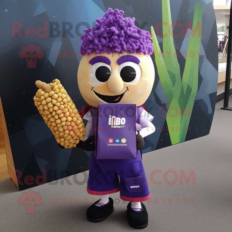 Purple Pop Corn mascot costume character dressed with a A-Line Dress and Backpacks Purple Pop Corn mascot costume character dressed with a A-Line Dress and Backpacks