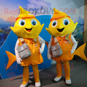 Gold Fish And Chips mascot costume character dressed with a Vest and Messenger bags