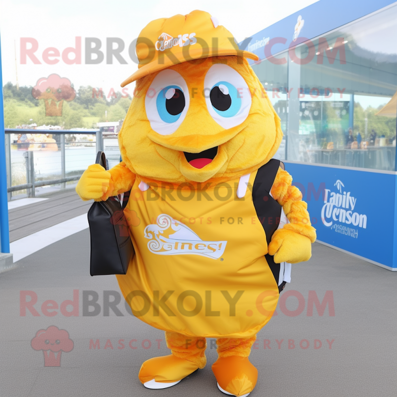 Gold Fish And Chips mascot costume character dressed with a Vest and Messenger bags