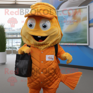 Gold Fish And Chips mascot costume character dressed with a Vest and Messenger bags