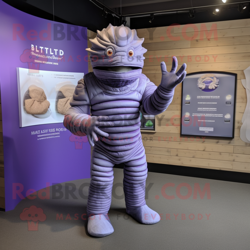 Lavender Trilobite mascot costume character dressed with a Jumpsuit and Foot pads