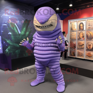 Lavender Trilobite mascot costume character dressed with a Jumpsuit and Foot pads