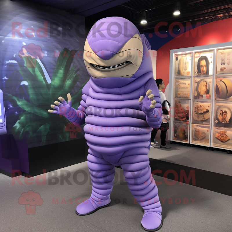 Lavender Trilobite mascot costume character dressed with a Jumpsuit and Foot pads Lavender Trilobite mascot costume character dressed with a Jumpsuit and Foot pads