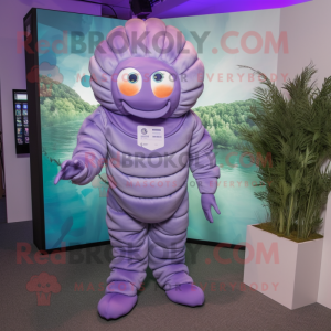 Lavender Trilobite mascot costume character dressed with a Jumpsuit and Foot pads