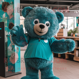 Teal Bear mascot costume character dressed with a Playsuit and Hair clips