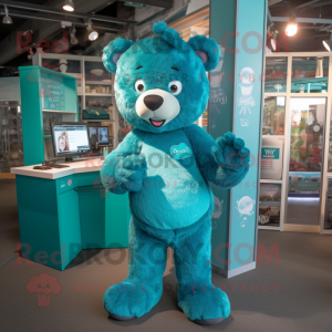 Teal Bear mascot costume character dressed with a Playsuit and Hair clips