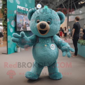 Teal Bear mascot costume character dressed with a Playsuit and Hair clips